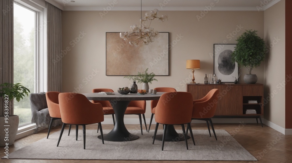 Fototapeta premium Dining room in a modern luxury house, Interior design image with vibrant colour theme.