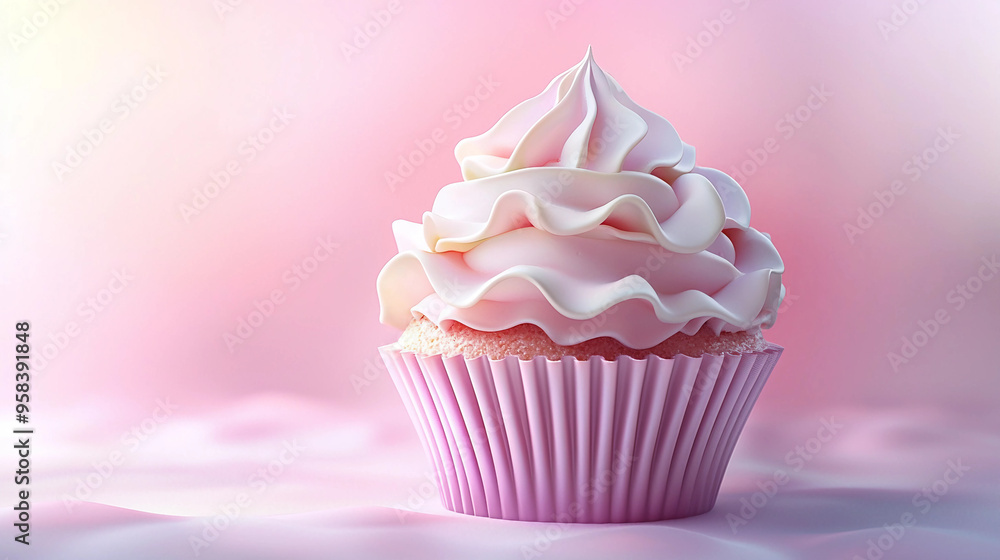 A pink cupcake with white frosting on top A pink cupcake with white frosting on top
