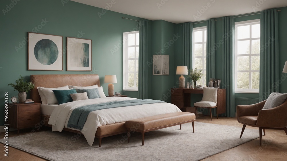 High-resolution master bedroom Interior design image with beautiful wall colour and furniture items. High-resolution master bedroom Interior design image with beautiful wall colour and furniture items.