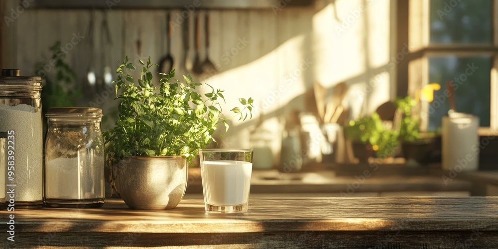 Rustic kitchen table with plants and milk. Rustic kitchen table with plants and milk.