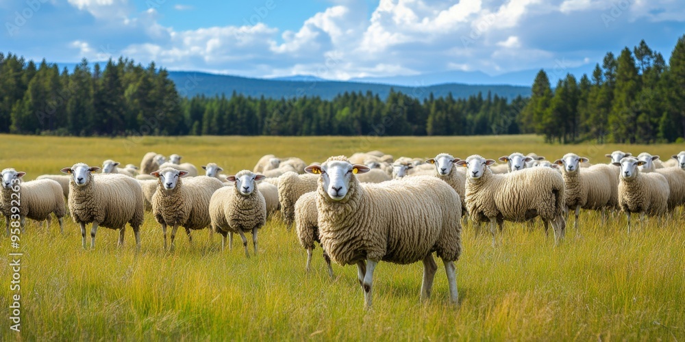 Large herd of sheep peacefully grazing on lush green field under a bright blue sky. Flock of sheep Large herd of sheep peacefully grazing on lush green field under a bright blue sky. Flock of sheep