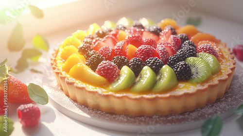 A colorful fruit tart with strawberries, blueberries, kiwi, and blackberries