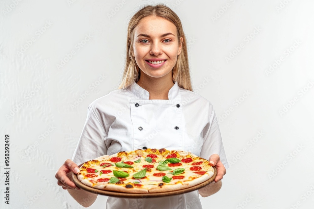 Smiling chef holding freshly baked pizza with basil and tomatoes in a white uniform Smiling chef holding freshly baked pizza with basil and tomatoes in a white uniform