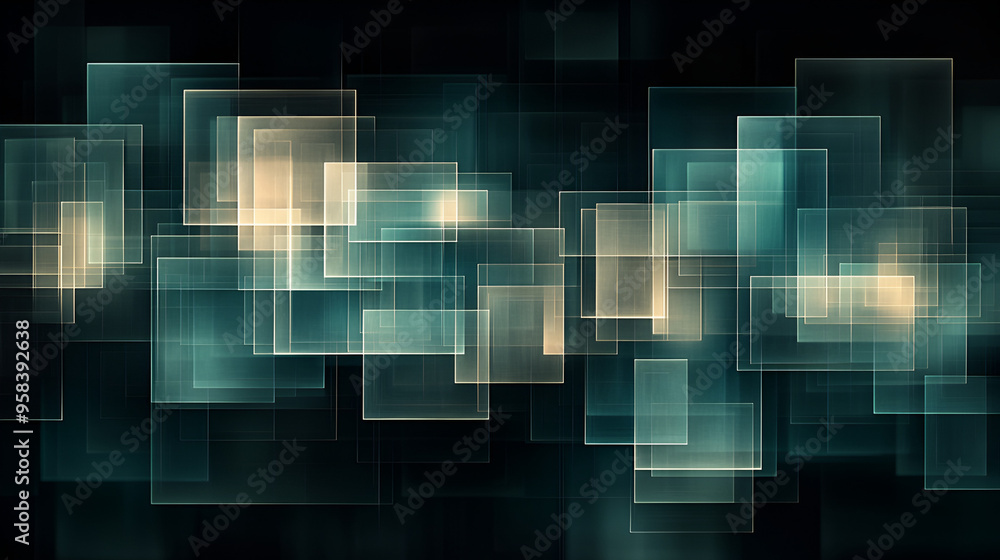 Abstract digital art featuring overlapping translucent squares in shades of teal and gold against a dark background Abstract digital art featuring overlapping translucent squares in shades of teal and gold against a dark background