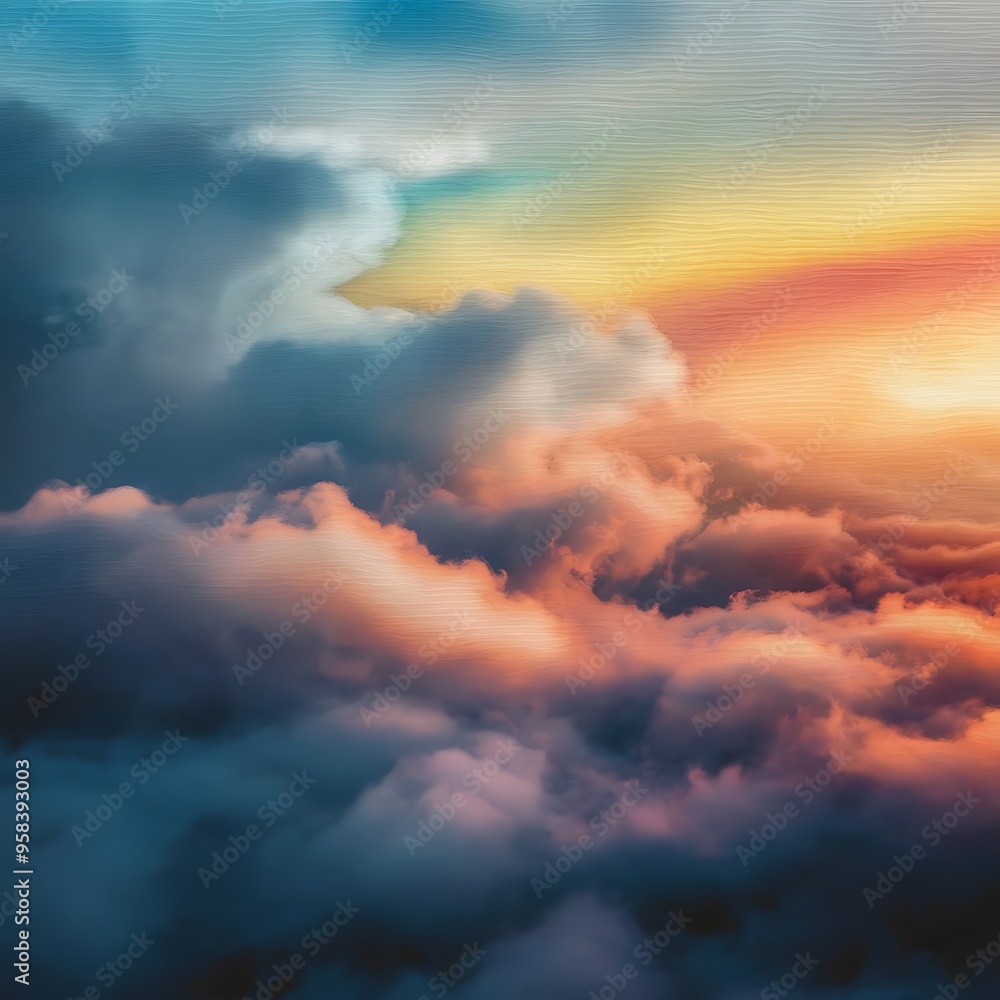Fototapeta premium Fog and clouds on a colorful rainbow blue to orange gradient. Image displays a pleasing paper grain and texture