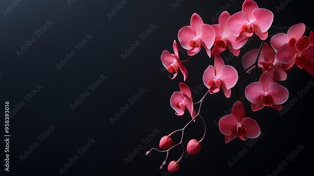 Pink Orchid Branch on Black Background Pink Orchid Branch on Black Background