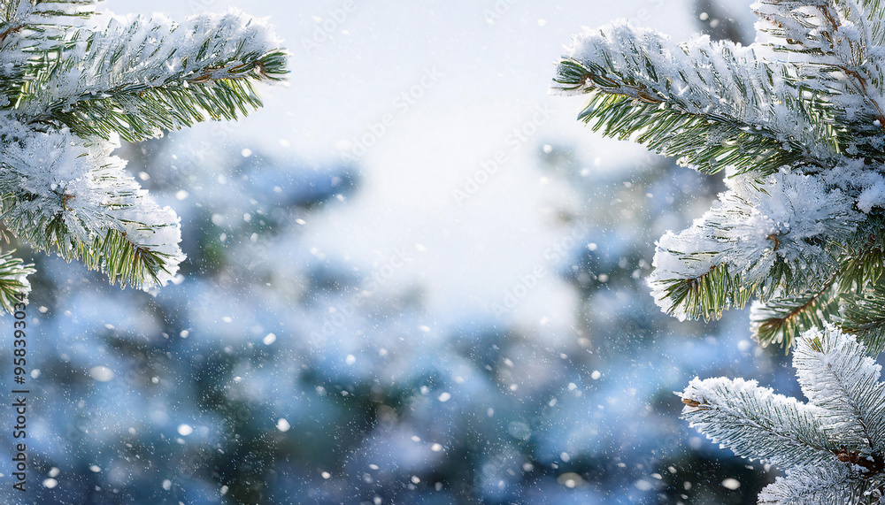 Winter Harmony: Snow-Capped Evergreen Boughs and Gentle Snowflakes - Quiet Winter Morning Background Winter Harmony: Snow-Capped Evergreen Boughs and Gentle Snowflakes - Quiet Winter Morning Background