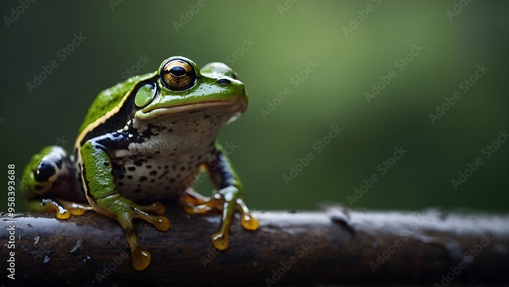 Fototapeta premium Frog perched on a vibrant flower, adding a splash of color to its surroundings
