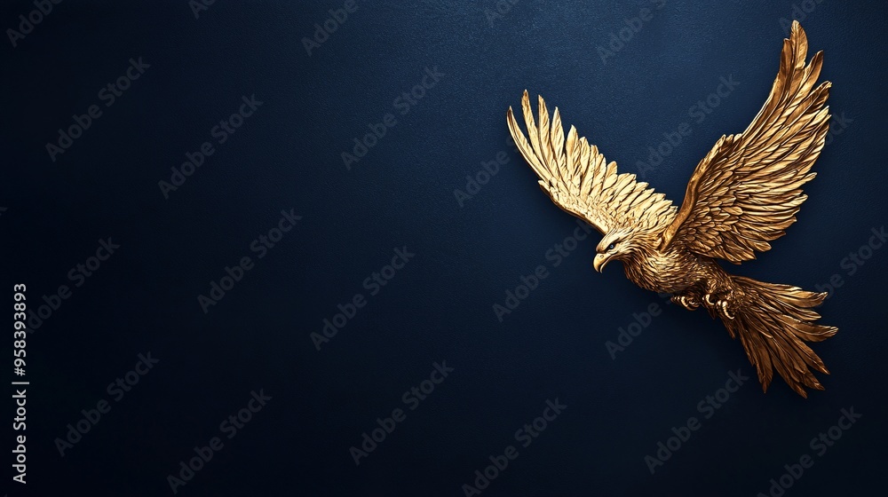 Obraz premium Majestic golden eagle sculpture against a dark blue background.