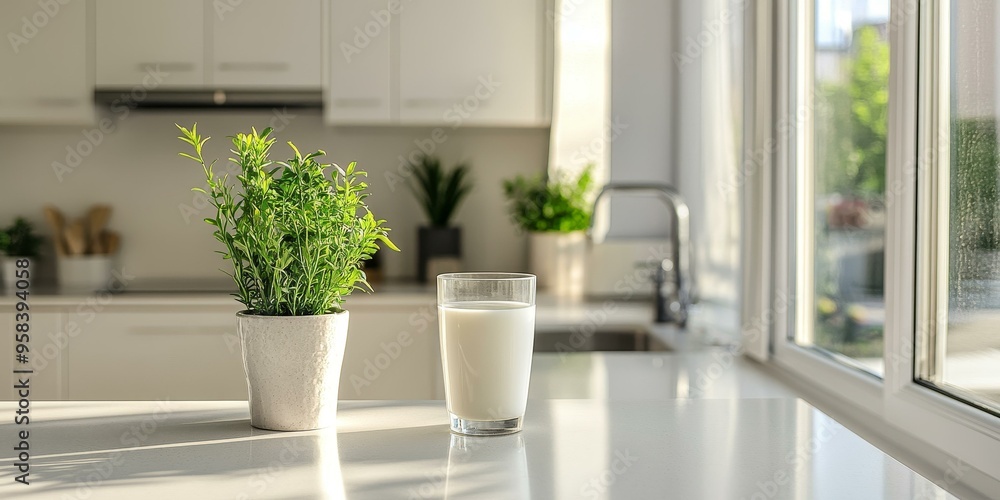 Fototapeta premium A glass of milk and a potted plant on a