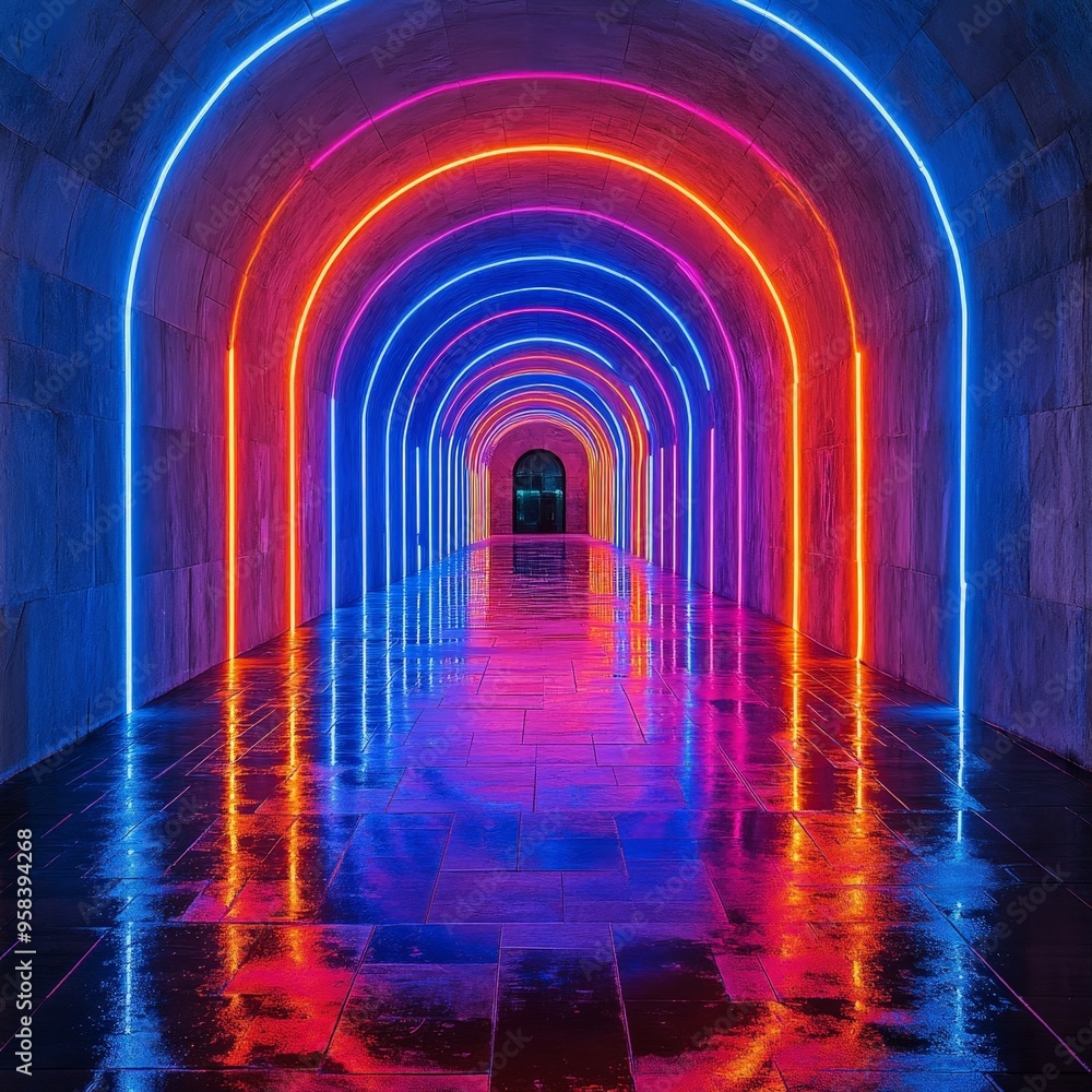 Futuristic Neon Corridor with Glowing Arches and Reflective Tiles Futuristic Neon Corridor with Glowing Arches and Reflective Tiles