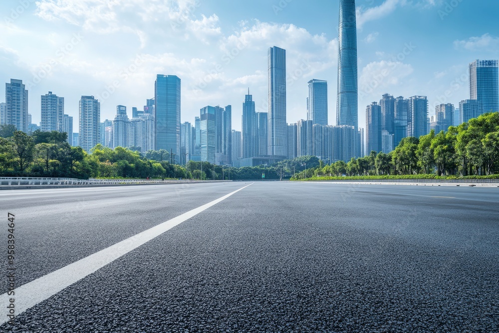 Asphalt highway road and city skyline with modern buildings scenery in Guangzhou. Car background , ai Asphalt highway road and city skyline with modern buildings scenery in Guangzhou. Car background , ai