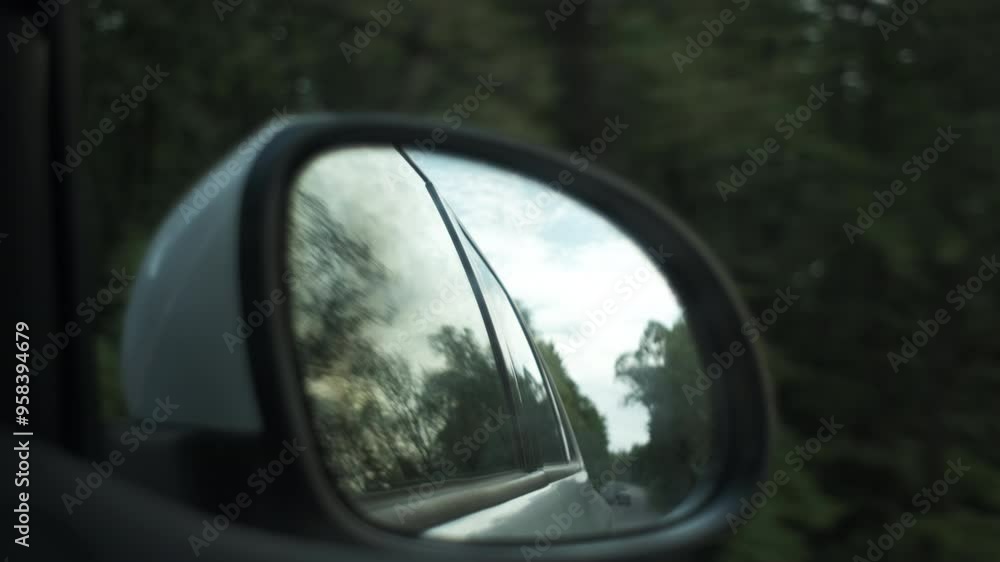 Reflection in mirror of car driving through summer or autumn landscape in faraway travel destination at sunny day. Beautiful travelling wanderlust inspiration and adventure concept