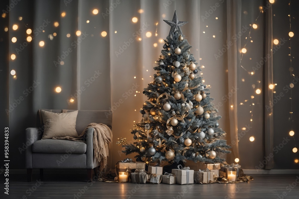 Festive interior in gray and beige with a minimalistic Christmas tree Festive interior in gray and beige with a minimalistic Christmas tree