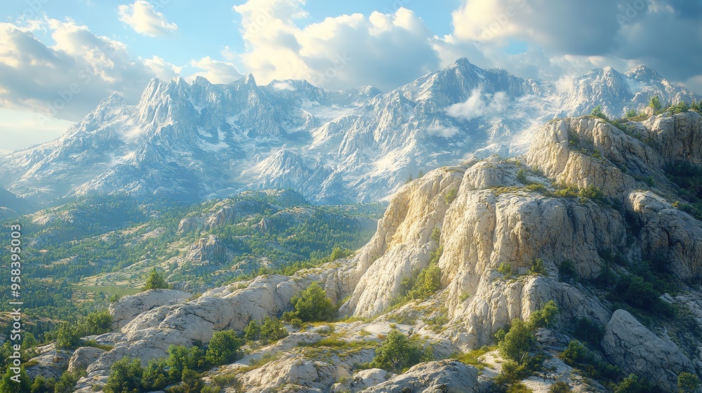 Breathtaking mountain landscape with rocky formations and lush greenery under a bright blue sky. Breathtaking mountain landscape with rocky formations and lush greenery under a bright blue sky.