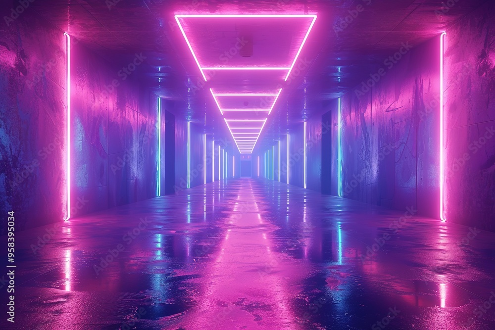 abstract ultraviolet background, empty room, purple blue corridor, violet tunnel, virtual reality space, screen, club stage, floor reflection abstract ultraviolet background, empty room, purple blue corridor, violet tunnel, virtual reality space, screen, club stage, floor reflection