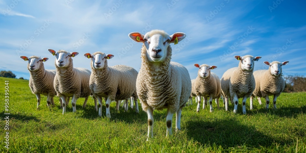 Charming Sheep Grazing Peacefully in a Lush Green Pasture Under a Clear and Beautiful Blue Sky Charming Sheep Grazing Peacefully in a Lush Green Pasture Under a Clear and Beautiful Blue Sky