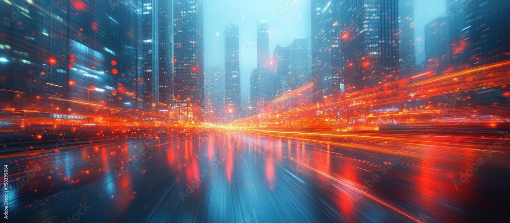 Naklejka premium Cityscape with Blurry Lights and Reflections