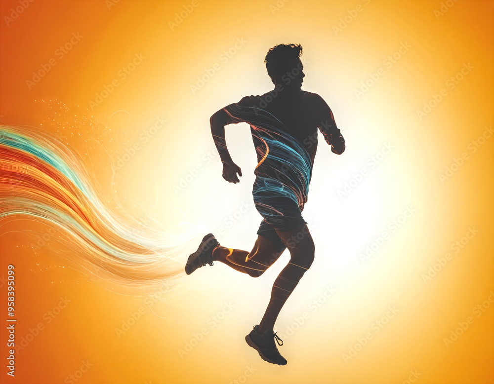 Silhouette of a person running against an orange background. Dynamic color trail. Motion and speed. Concepts of swiftness, energy and capturing movement in a still photo. Silhouette of a person running against an orange background. Dynamic color trail. Motion and speed. Concepts of swiftness, energy and capturing movement in a still photo.