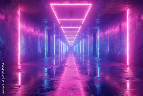 abstract ultraviolet background, empty room, purple blue corridor, violet tunnel, virtual reality space, screen, club stage, floor reflection