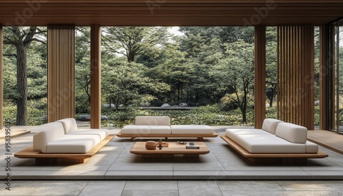 Modern Living Room, Japanese Style Garden View. Minimalist Sofas, Wooden Flooring, Interior Design.
