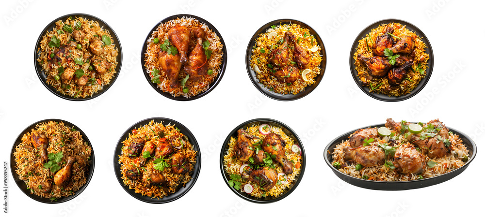 Delicious chicken biryani plate, special biryani set close up, top view, isolated on transparent background Delicious chicken biryani plate, special biryani set close up, top view, isolated on transparent background