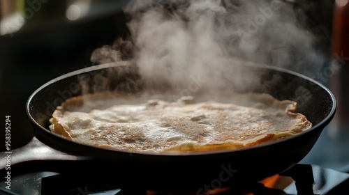 Golden-Brown Pancake Cooking in a Black Skillet with Steam photo