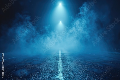 Blue dark background of empty foggy street with wet asphalt, illuminated by a searchlight, laser beams, smoke