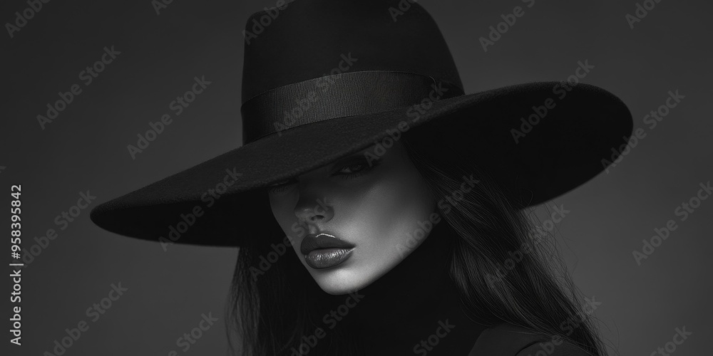 Woman in black hat with intense eyes. Woman in black hat with intense eyes.