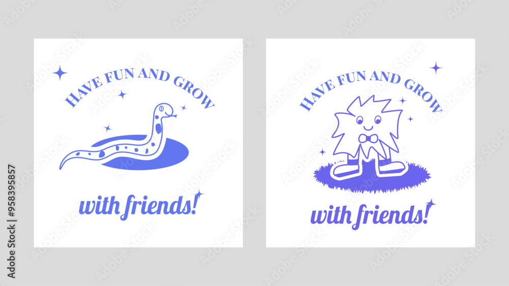 Set of 2 Hand Drawn Vector Posters: Cute Snake and Friendly Monster for kids room decor, classroom, books, coloring, games, clothes, advertising, social media, DIY Set of 2 Hand Drawn Vector Posters: Cute Snake and Friendly Monster for kids room decor, classroom, books, coloring, games, clothes, advertising, social media, DIY