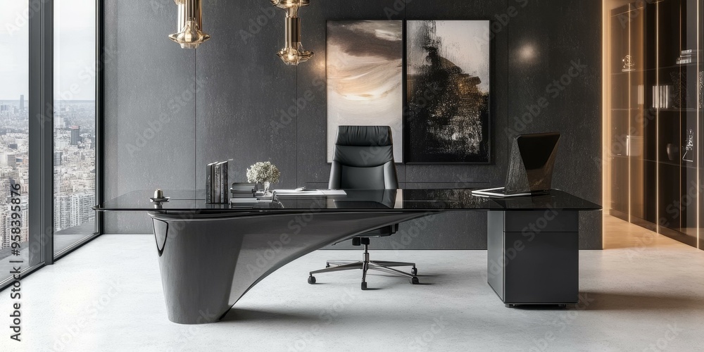 Modern minimalist office with black desk and chair. Modern minimalist office with black desk and chair.