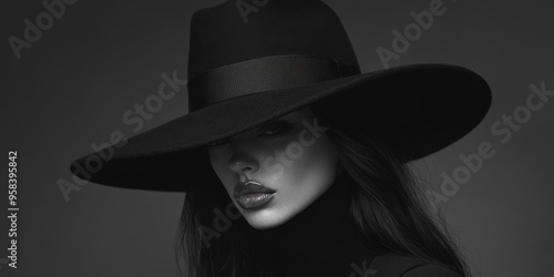 Woman in black hat with intense eyes.