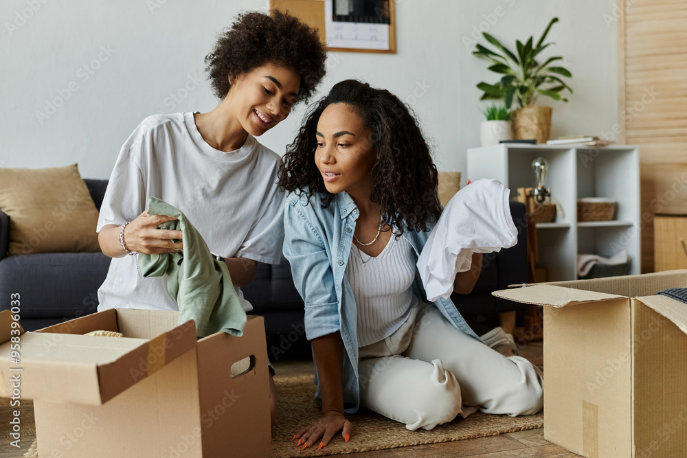 LGBT couple joyfully transforms their clothes in a cozy living space. LGBT couple joyfully transforms their clothes in a cozy living space.