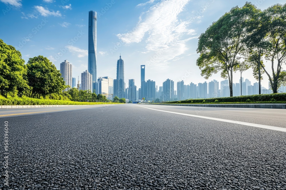 Asphalt highway road and city skyline with modern buildings scenery in Guangzhou. Car background , ai Asphalt highway road and city skyline with modern buildings scenery in Guangzhou. Car background , ai