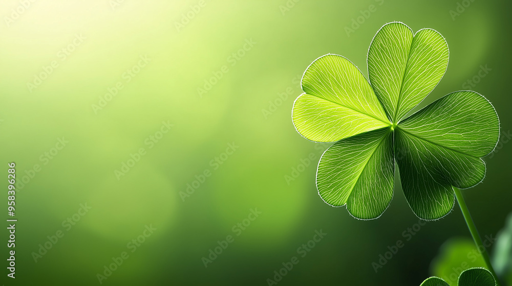 Fototapeta premium Na zielonym tle widnieje czterolistna koniczyna, będąca klasycznym symbolem szczęścia. 