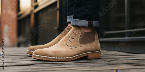 Close-up of tan suede boots on wood.