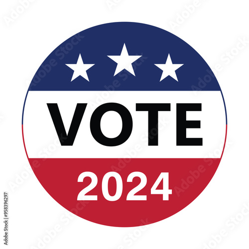 vote 2024 badge. USA presidential election pin button for campaign. vote icon symbol with american flag color and star. transparent png and vector illustration.