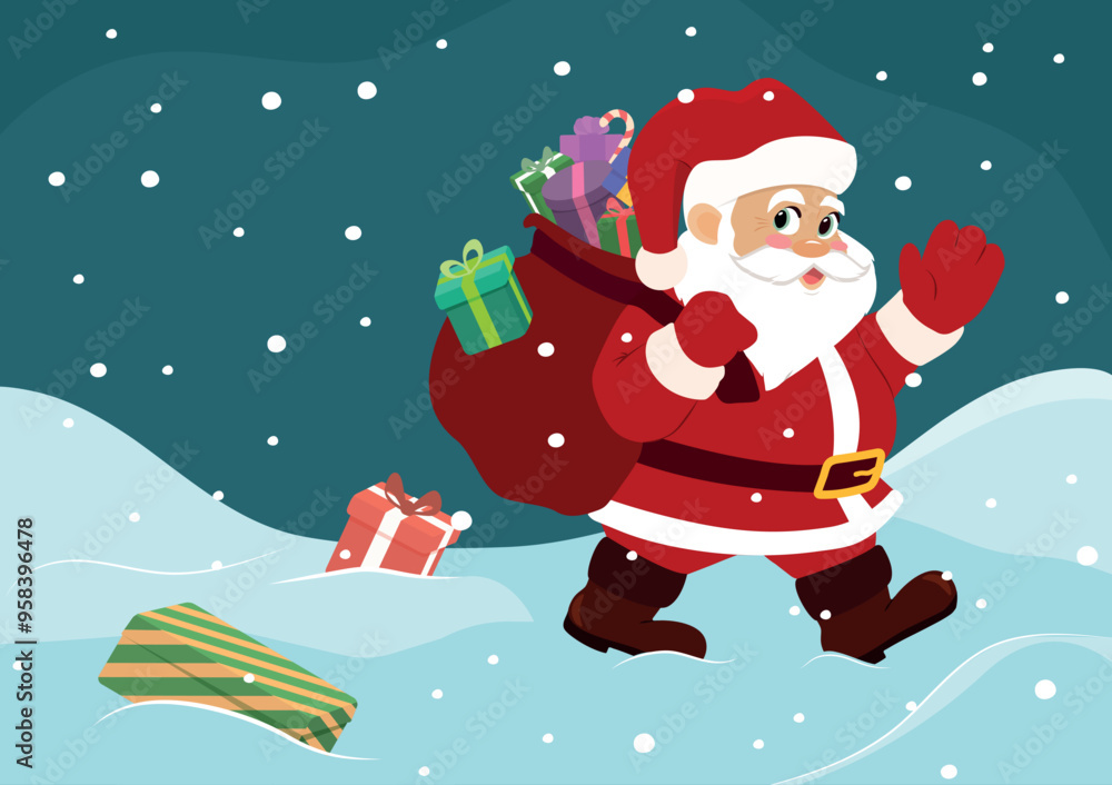 Naklejka premium Cute Santa Claus carries a bag of colorful gifts and wishes everyone a Happy New Year and Merry Christmas. Vector illustration with a festive mood for a greeting card. Horizontal format