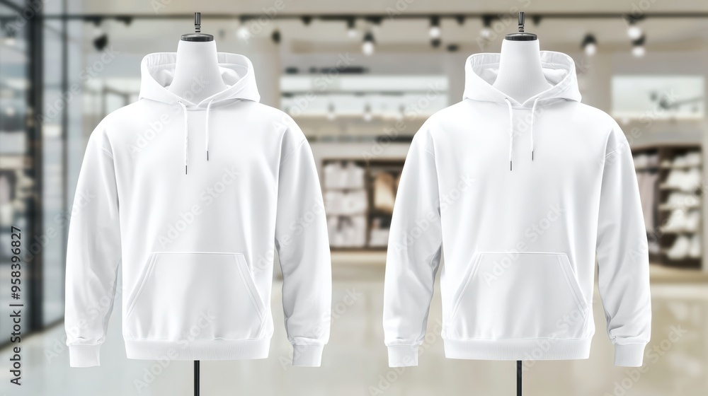Front and back view of a plain white hoodie on a mannequin, isolated against a blurred clothing store background. Ideal for showcasing apparel designs, fashion retail, or branding mockups. Front and back view of a plain white hoodie on a mannequin, isolated against a blurred clothing store background. Ideal for showcasing apparel designs, fashion retail, or branding mockups.