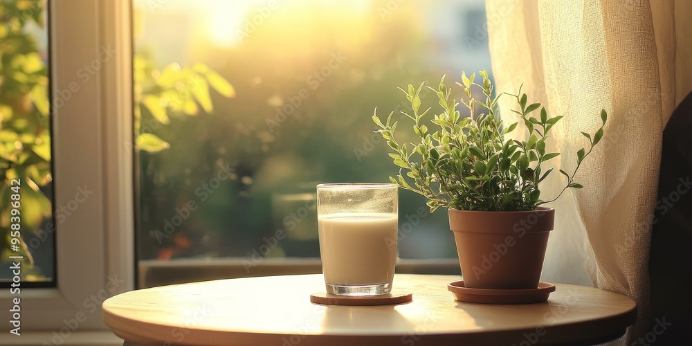 Sunlight streams through window, illuminating milk and plant. Sunlight streams through window, illuminating milk and plant.