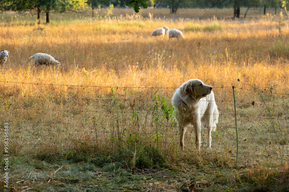 A dog is standing in a field with a group of sheep. The scene is peaceful and calm, with the dog and sheep coexisting in the same space A dog is standing in a field with a group of sheep. The scene is peaceful and calm, with the dog and sheep coexisting in the same space