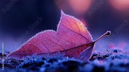 Frost-covered leaf in the early morning, with ice crystals sparkling in the soft light, symbolizing fleeting natural beauty. photo