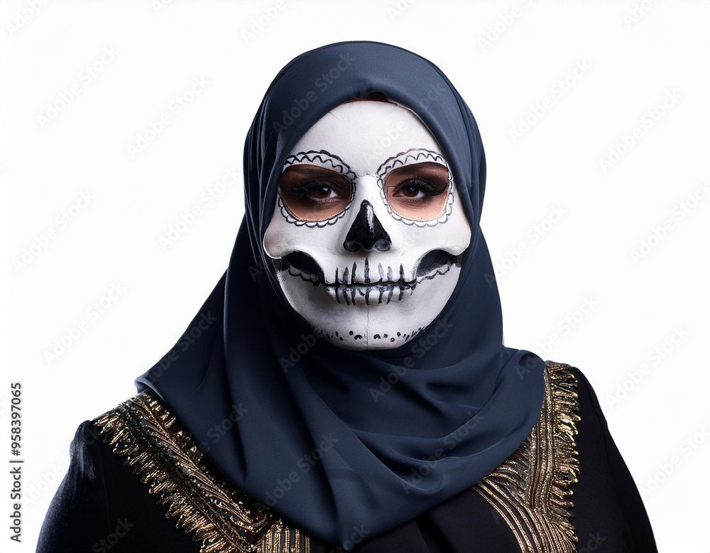 Portrait of Woman Wearing Skull and Bone Mask with Hijab Mysterious Fusion of Tradition Portrait of Woman Wearing Skull and Bone Mask with Hijab Mysterious Fusion of Tradition