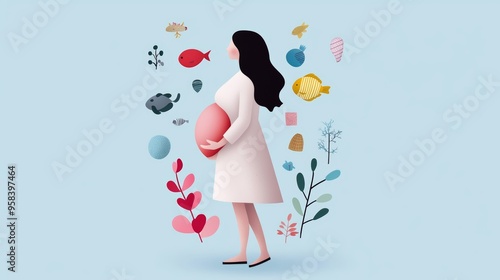 Illustration of a pregnant woman with microplastics depicted, raising concerns about developmental impacts.