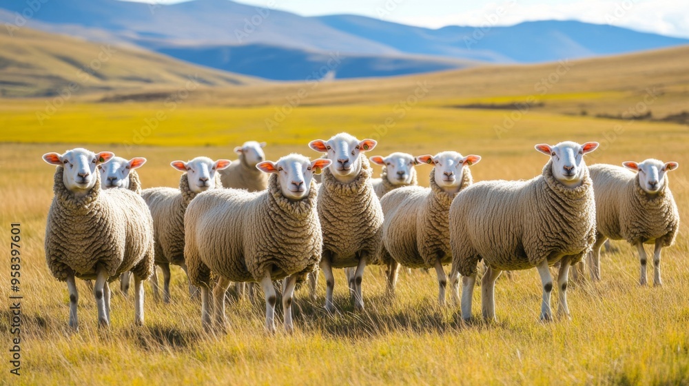 Charming Sheep Grazing Peacefully in a Lush Green Pasture Under a Clear and Beautiful Blue Sky Charming Sheep Grazing Peacefully in a Lush Green Pasture Under a Clear and Beautiful Blue Sky