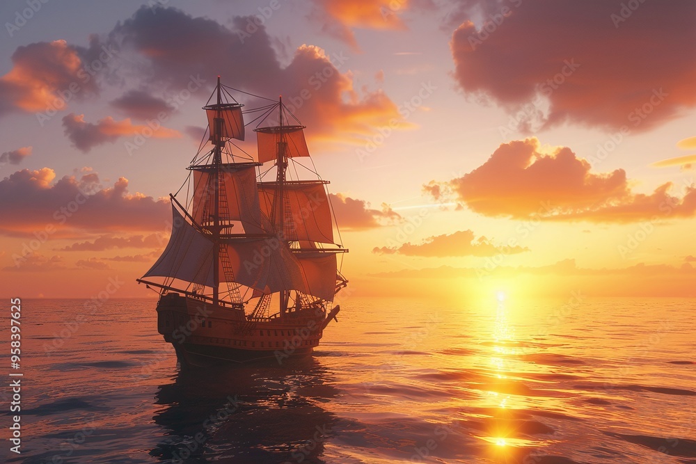 ai generative wooden sailing ship on sunset sea ai generative wooden sailing ship on sunset sea