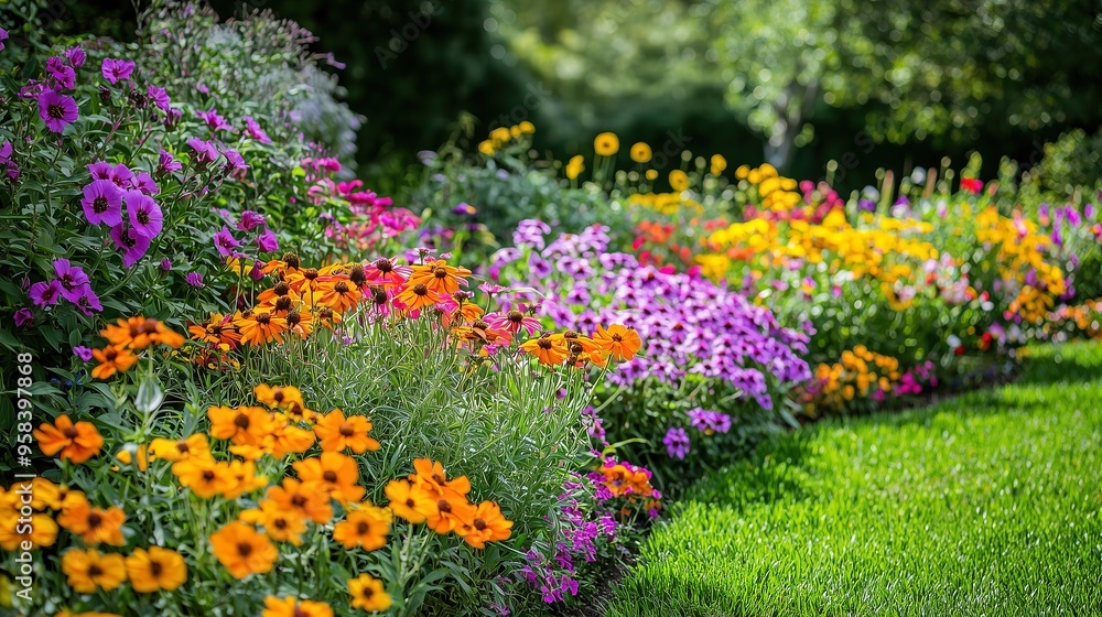Obraz premium Lush garden with vibrant orange, purple, and yellow flowers in full bloom on a bright sunny day.