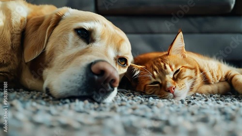 A labrador dog and a cat sleep together on the carpet in the living room. Harmony pet lifestyle concept	
