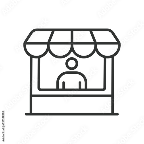 Shopkeeper, in line design. Shopkeeper, merchant, store owner, cashier, retail worker, salesperson, on white background vector. Shopkeeper, editable stroke icon.