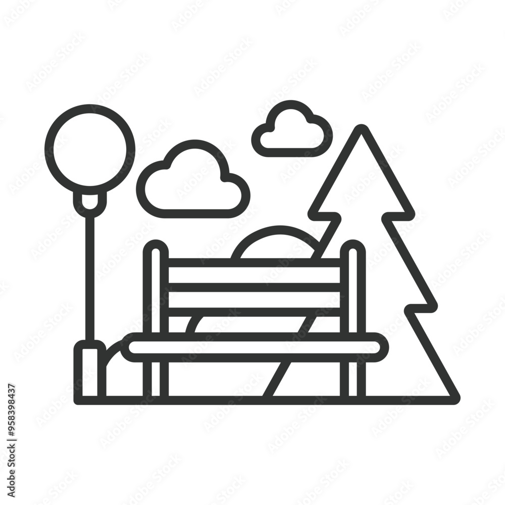Park bench, in line design. Outdoor seating, garden bench, public park, relaxation, outdoor furniture, sitting area, on white background vector. Park bench, editable stroke icon. Park bench, in line design. Outdoor seating, garden bench, public park, relaxation, outdoor furniture, sitting area, on white background vector. Park bench, editable stroke icon.